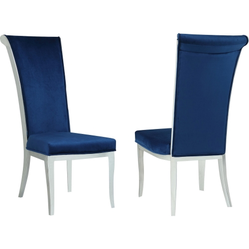 Joy High Back Dining Chair in Blue Velvet & Polished Steel (Set of 2)